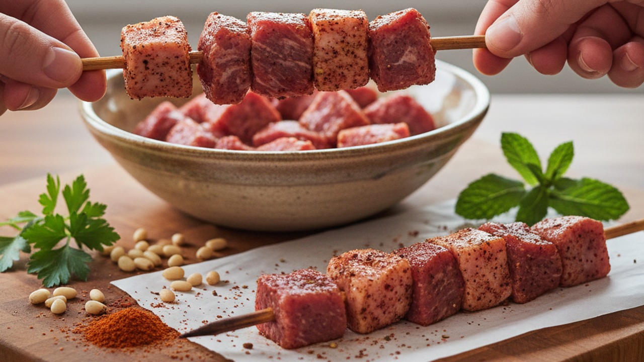 Thread lamb onto skewers