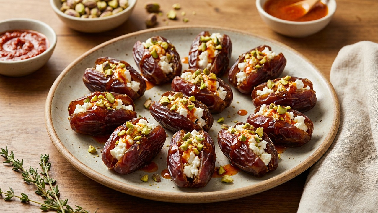 Stuffed Dates with Goat Cheese Pistachios and Harissa Honey