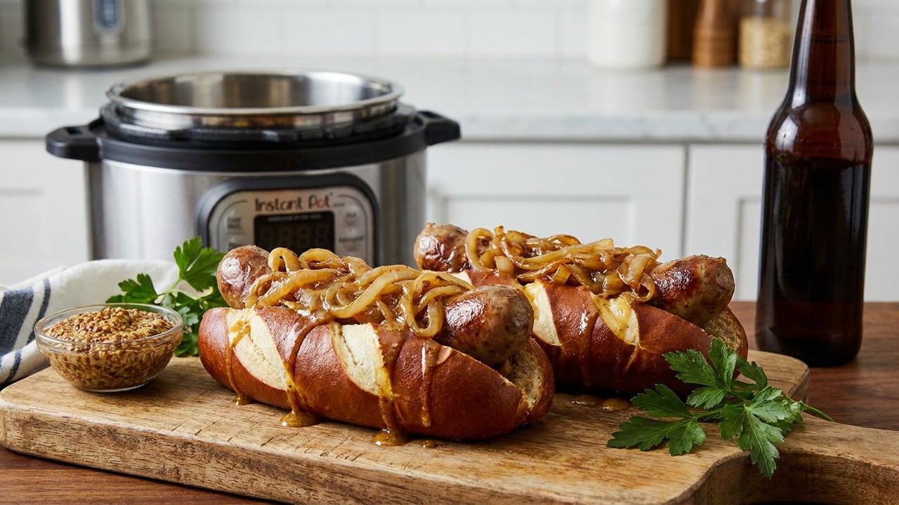 Instant Pot Beer and Onion Bratwurst with Soft Pretzel Buns