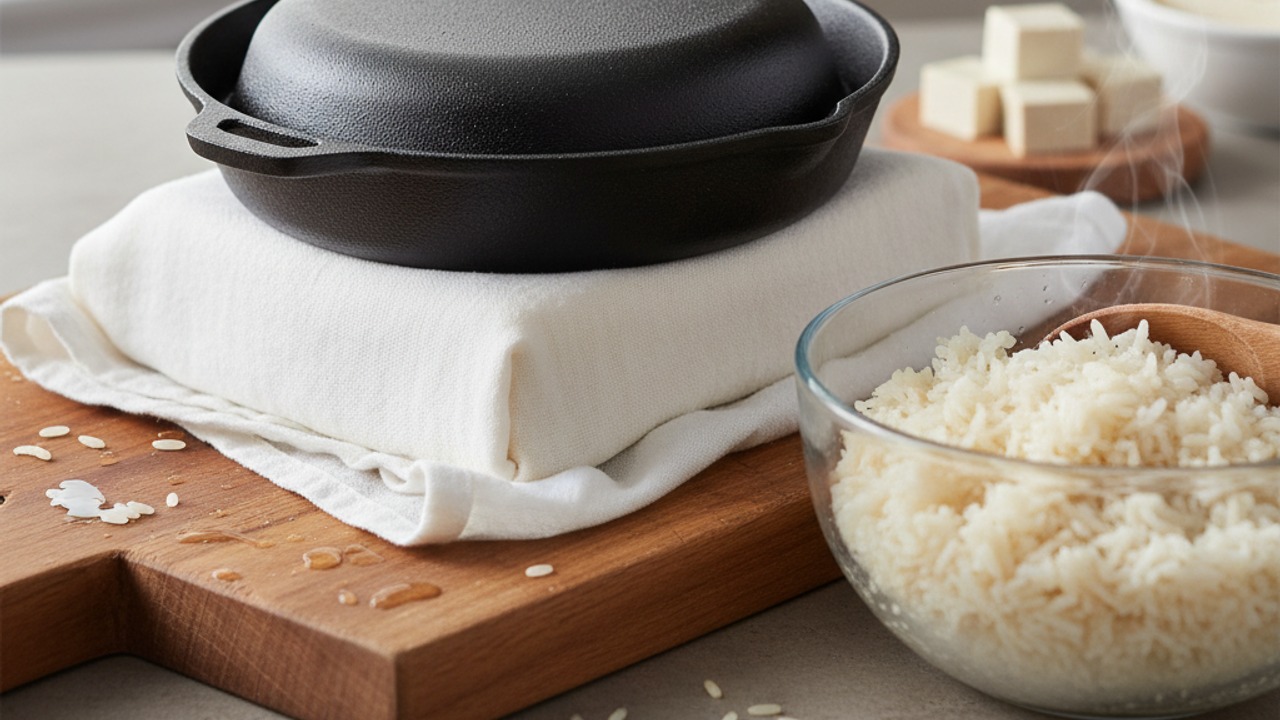 Press, cube tofu and prepare rice