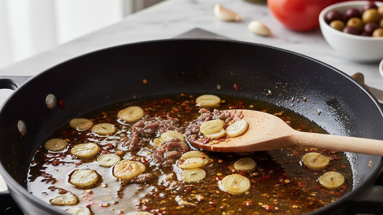 Warm the oil and aromatics