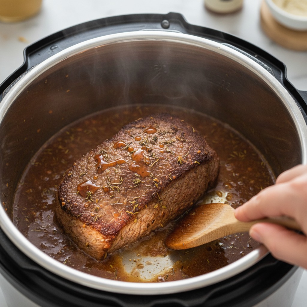 Deglaze and arrange for pressure cooking