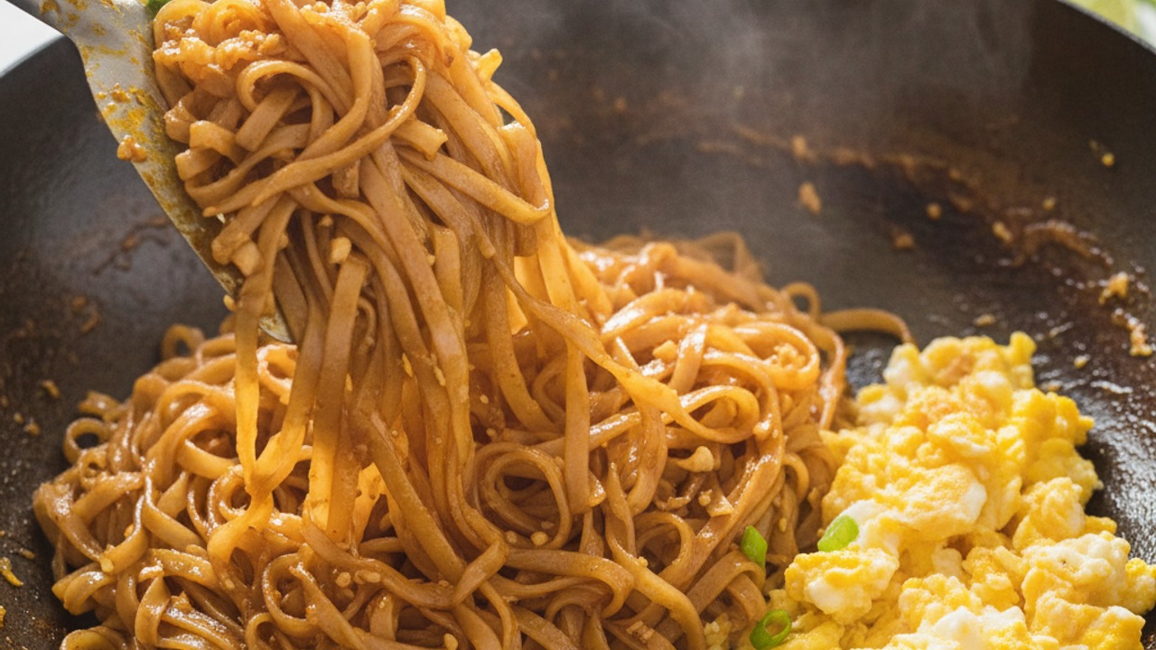 Toss noodles with sauce and eggs
