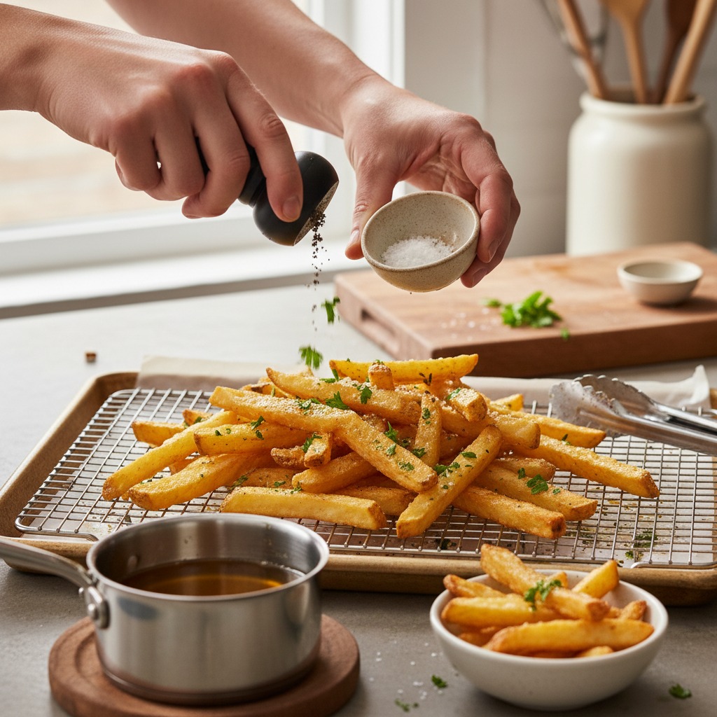 Second fry, season, and serve