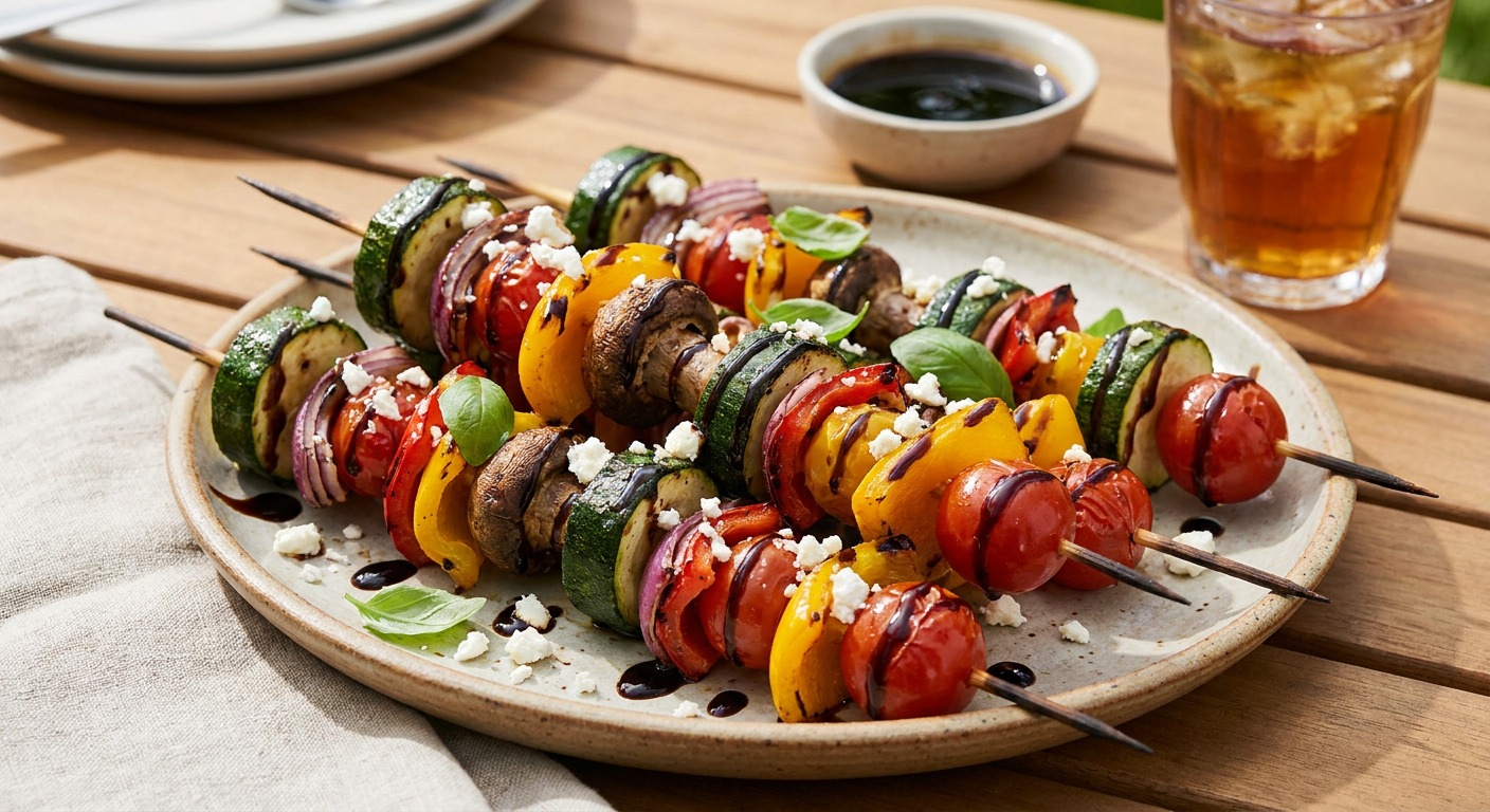 Grilled Vegetable Kabobs with Balsamic Glaze and Feta