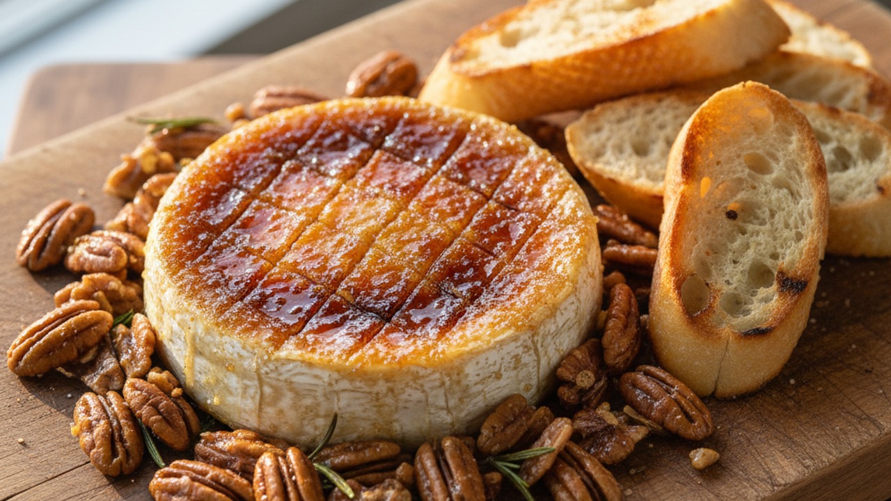 Grilled Camembert Brûlée with Rosemary-Maple Pecans and Charred Baguette