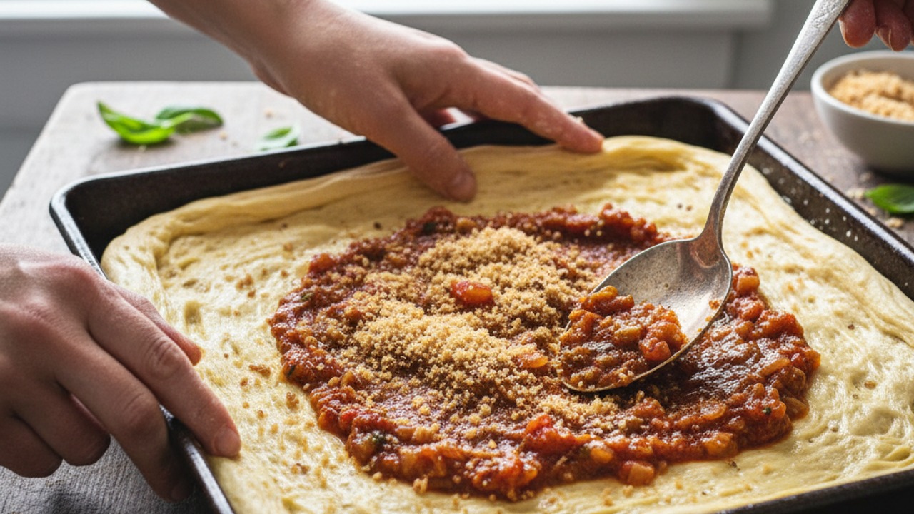 Assemble the sfincione in a pan