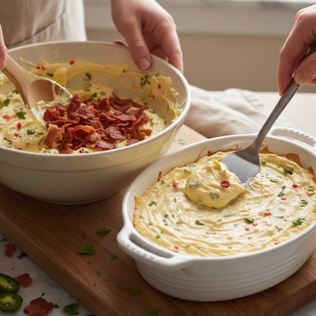 Fold in bacon and transfer to baking dish