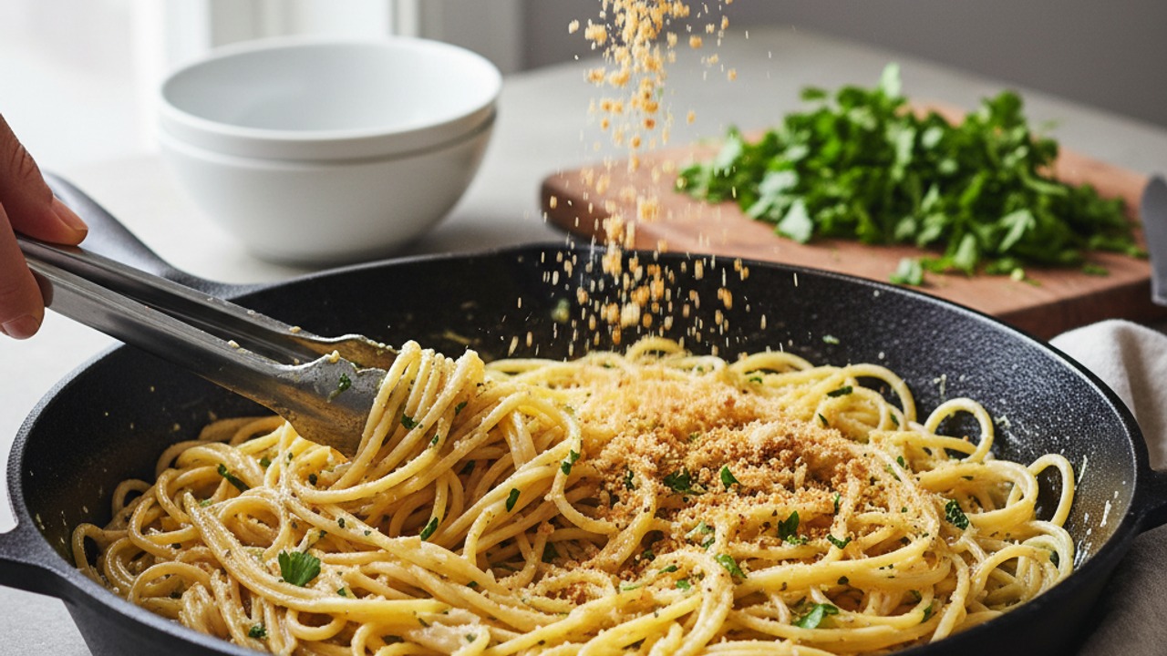 Toss pasta with sauce and finish