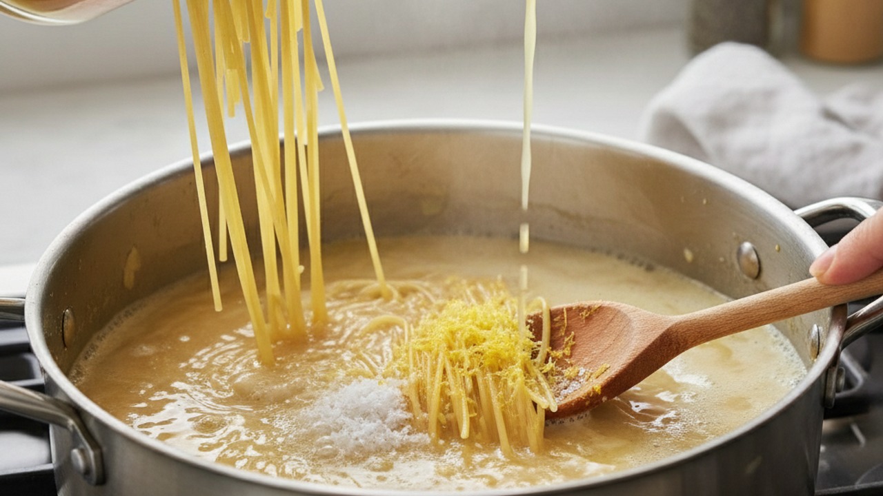 Add pasta, broth and lemon