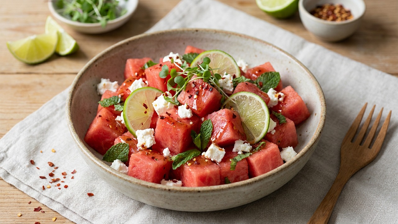 Watermelon Feta Mint Salad with Lime and Chili Flakes