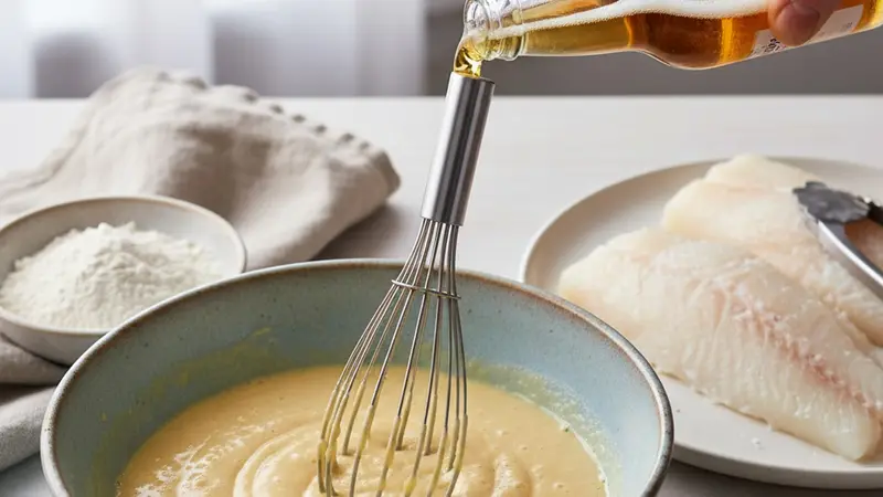 Prepare the beer batter and dredge the fish