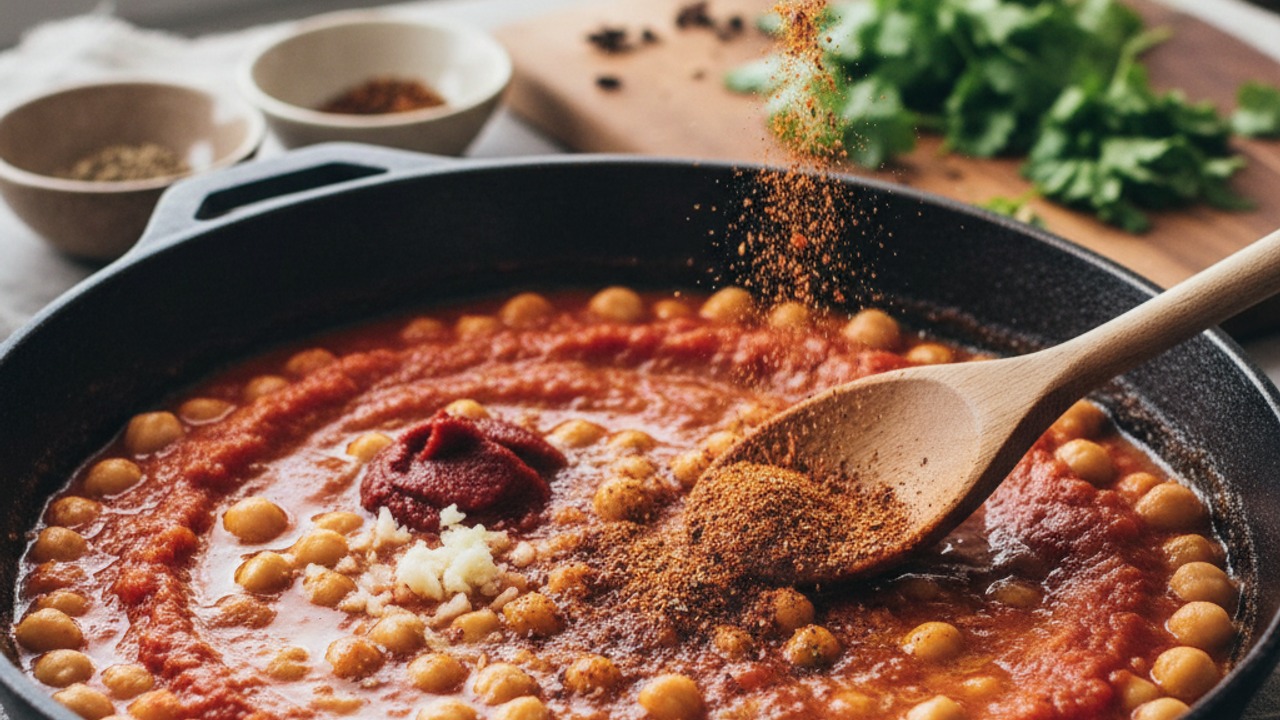 Build the tomato-chickpea sauce