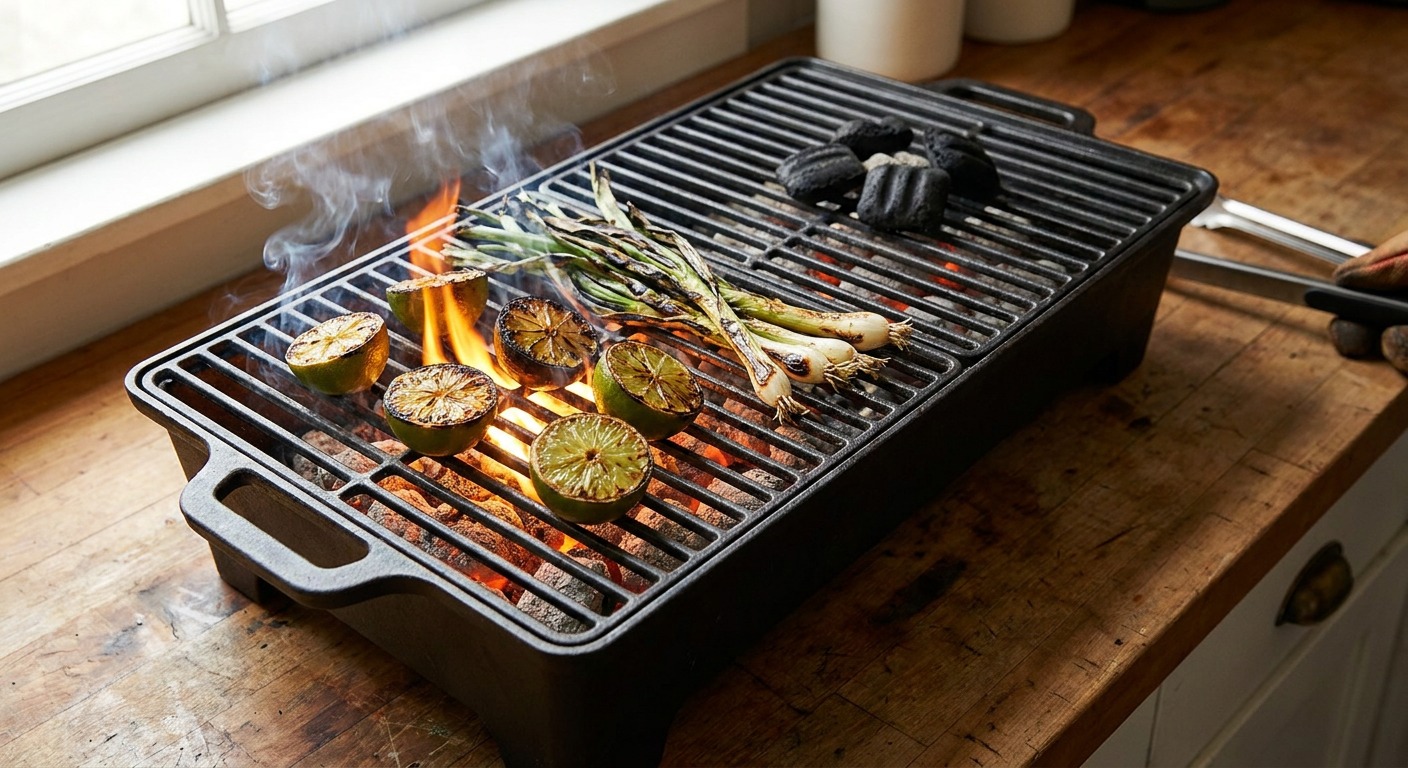 Build a hot two-zone charcoal fire and char aromatics