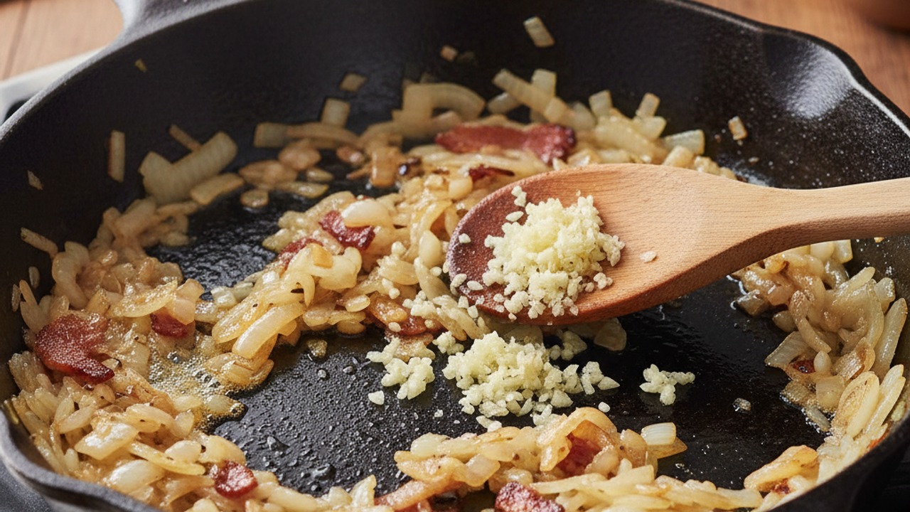 Sauté the onions and garlic in bacon fat