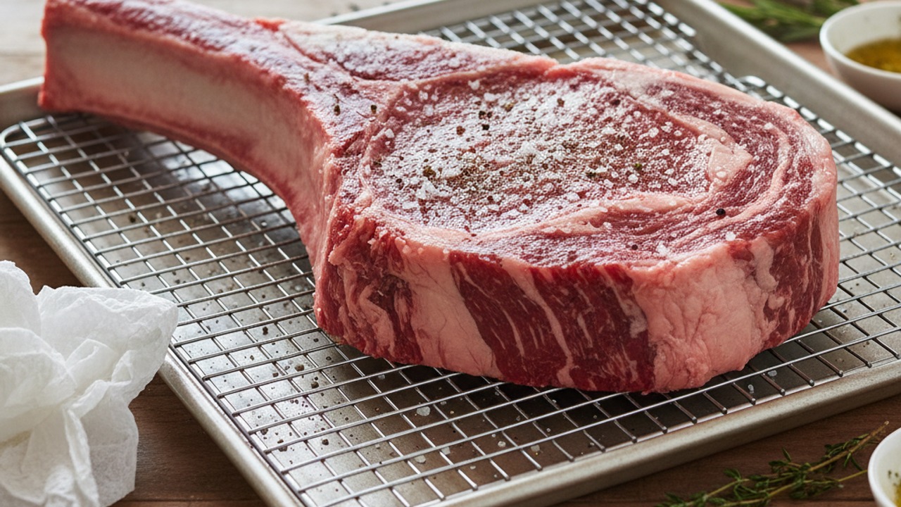 Season and temper the steak