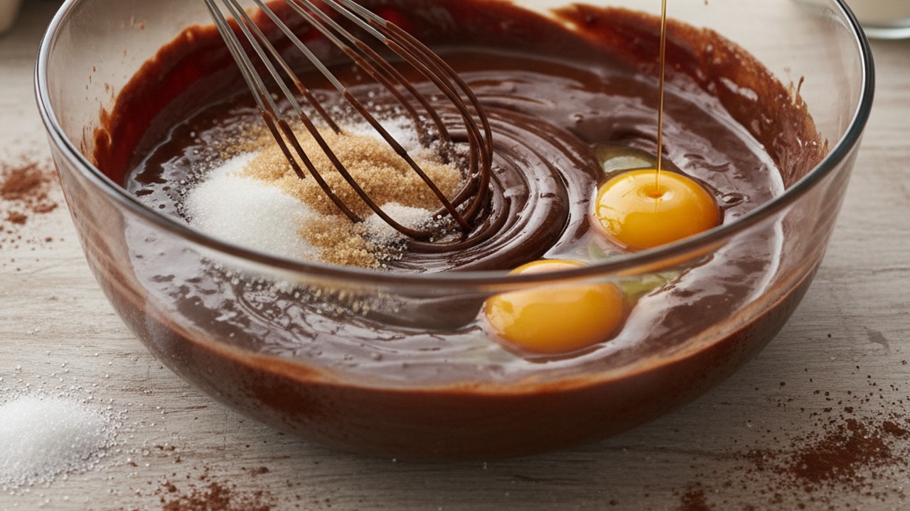 Mix sugars, eggs and vanilla into chocolate