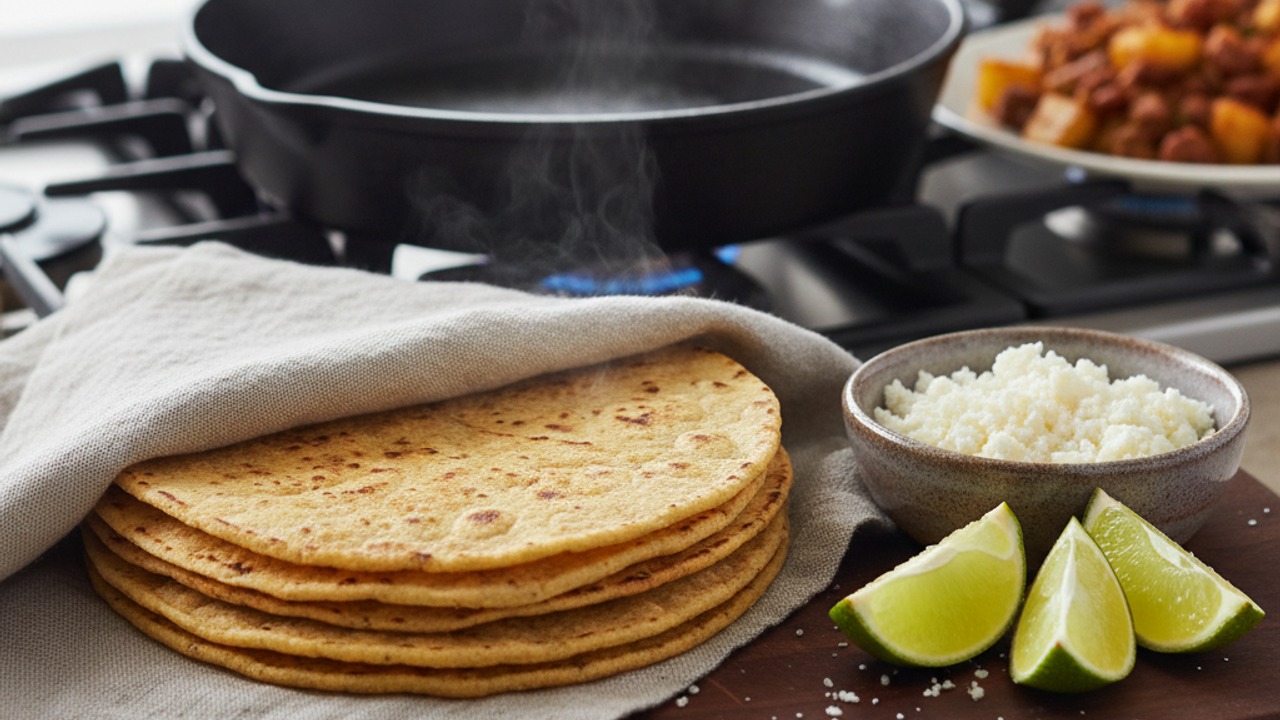 Warm tortillas and prep toppings