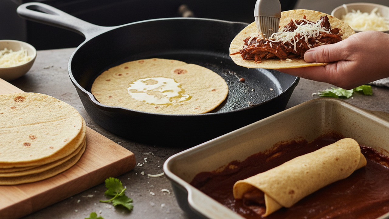 Warm tortillas and assemble enchiladas