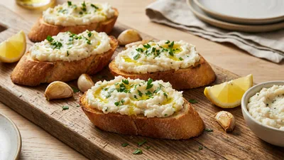 Salted Cod Brandade (Bacalhau) Crostini with Roasted Garlic