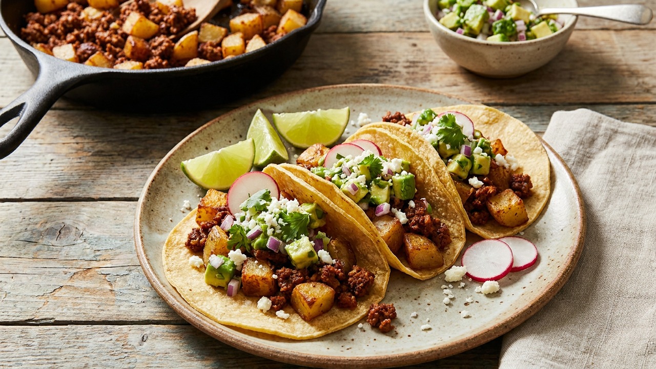 Chorizo and Potato Street Tacos with Avocado Salsa (Stovetop)