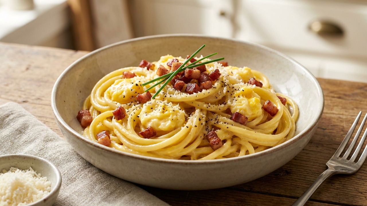 Breakfast Carbonara with Crispy Pancetta and Soft-Scrambled Egg Yolks
