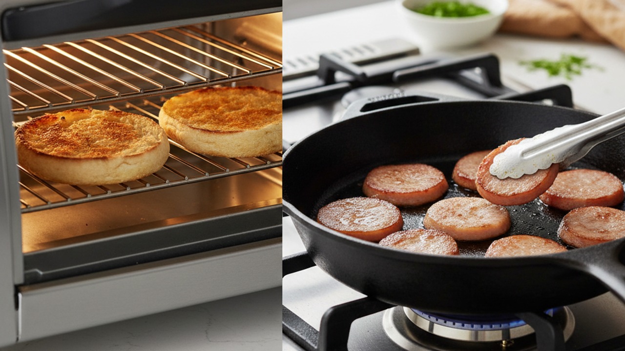 Toast muffins and heat the Canadian bacon
