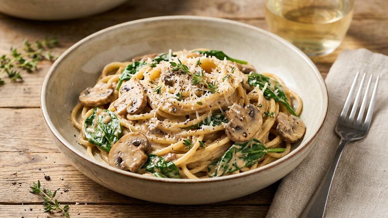 Creamy Mushroom and Spinach Pasta (Vegetarian, 20 Minutes)