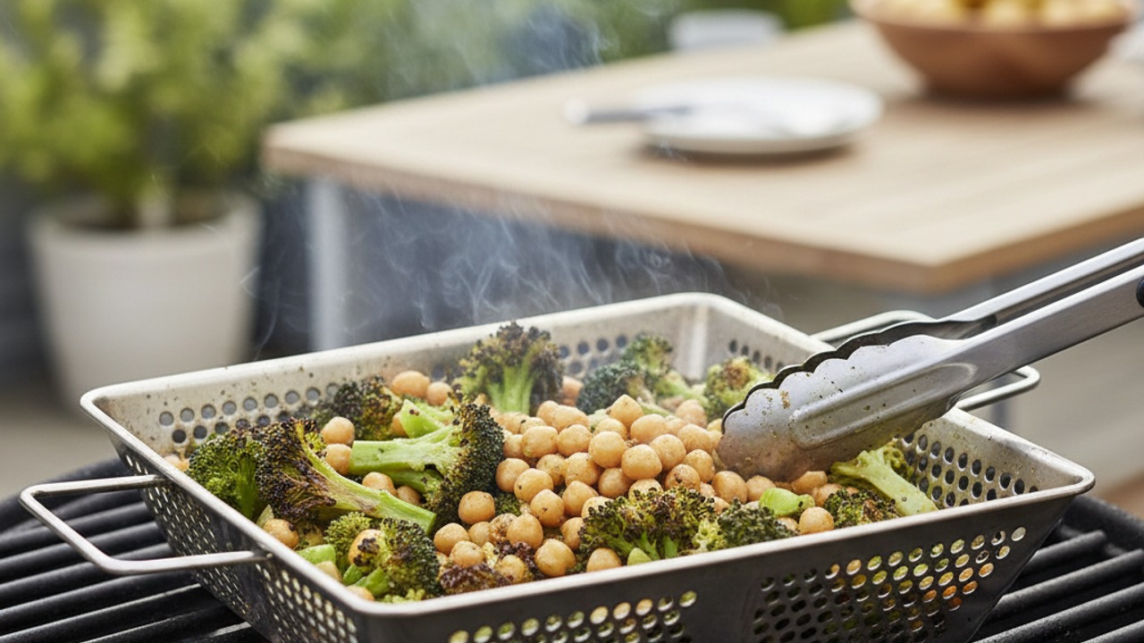 Grill chickpeas and broccoli