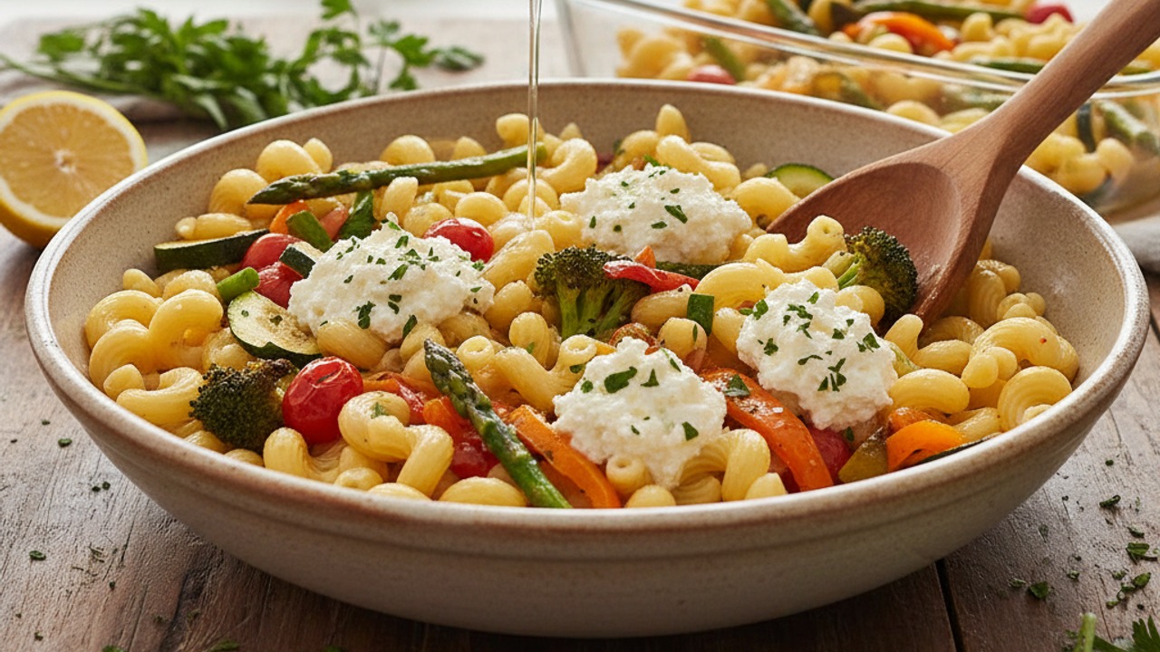 Combine pasta, roasted vegetables and ricotta