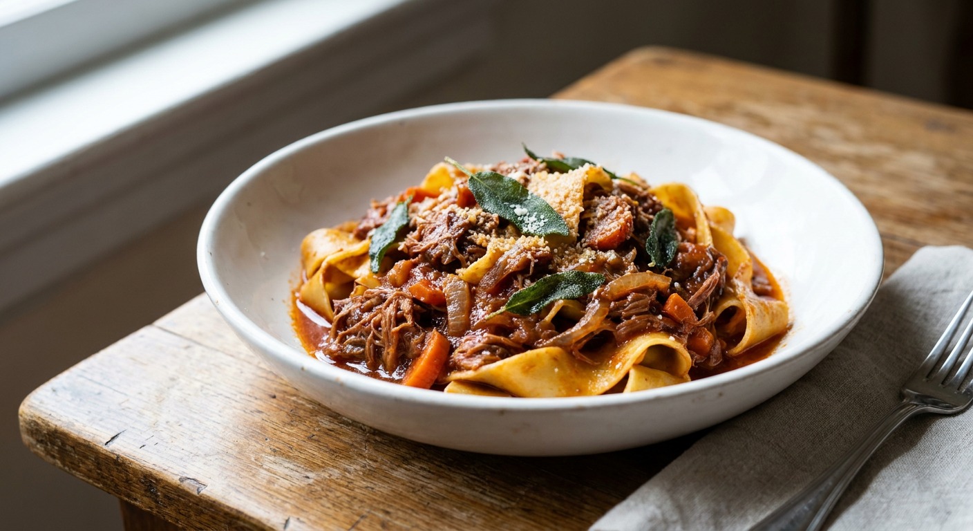 Slow-Braised Pork Shoulder Ragu with Pappardelle and Crispy Sage