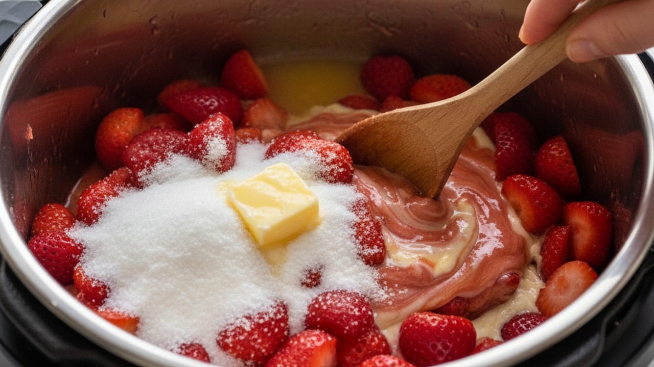 Mix pectin and fruit with sugar and flavorings