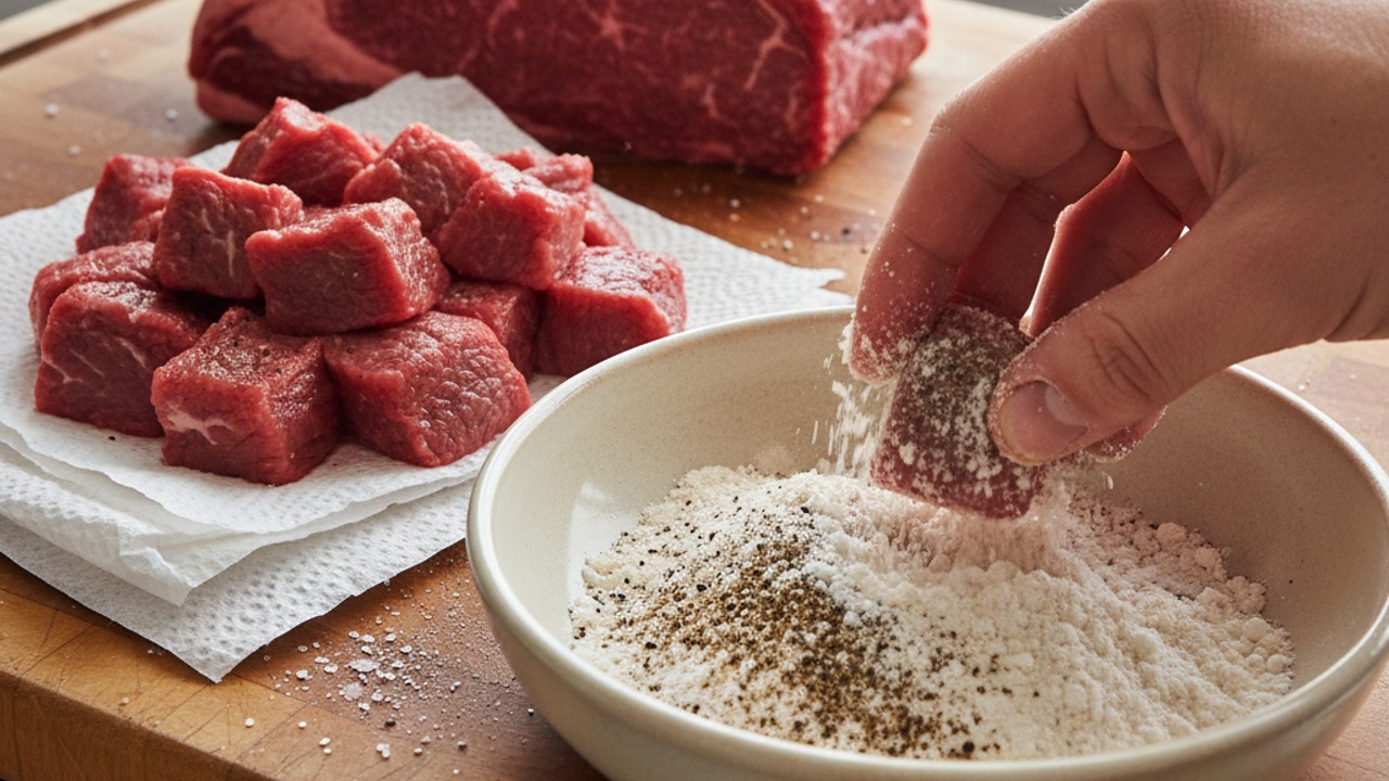 Prep, season and dredge the beef