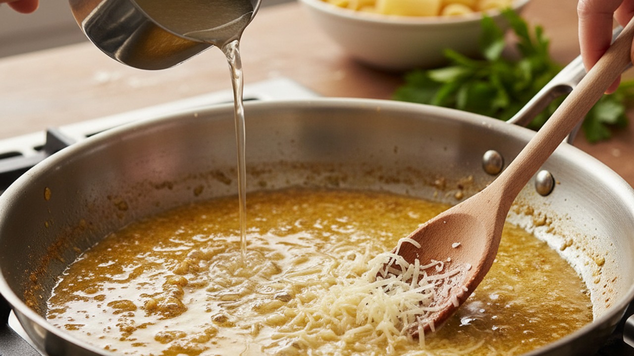 Make the garlic-Parmesan butter sauce and toss with pasta