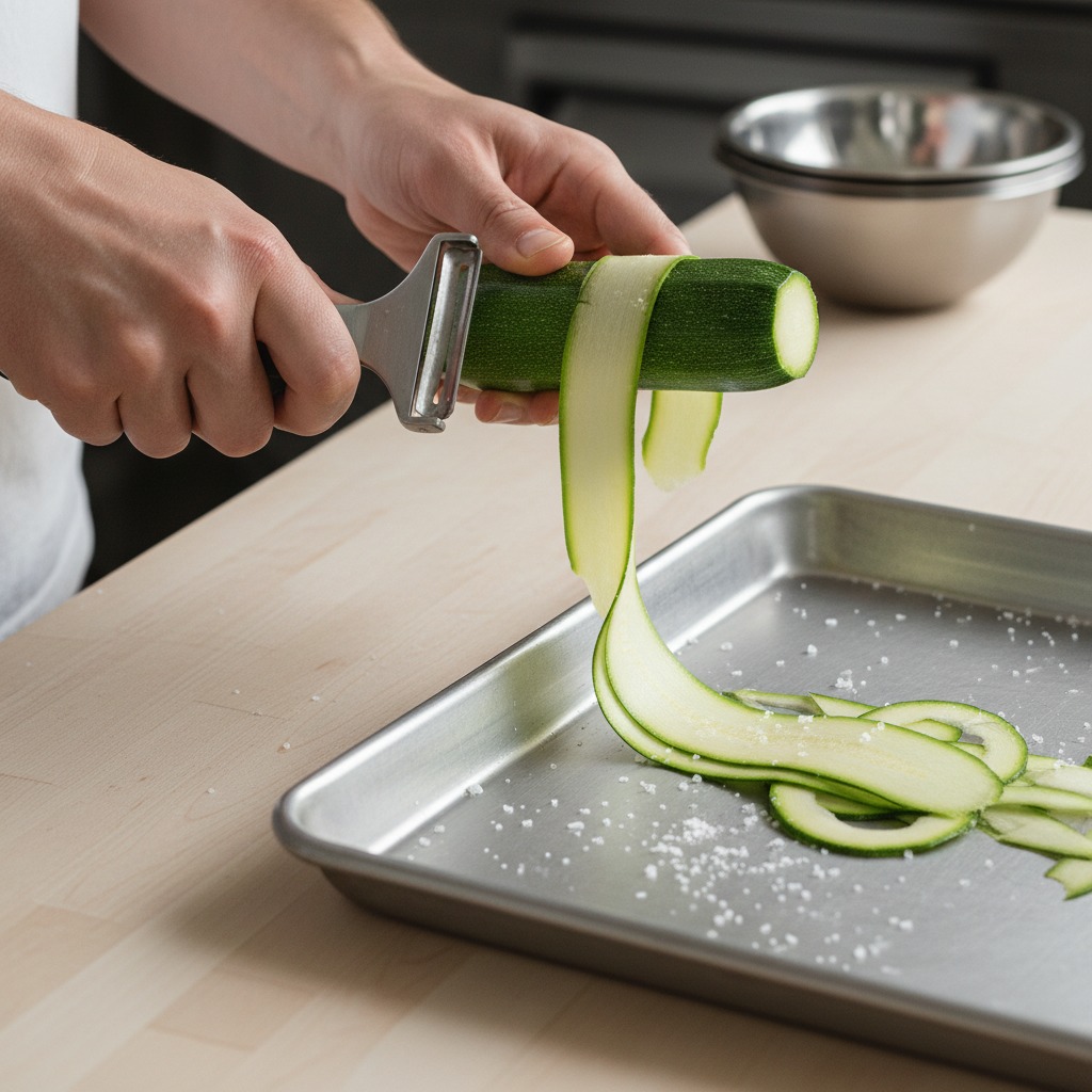 Ribbon the zucchini and salt