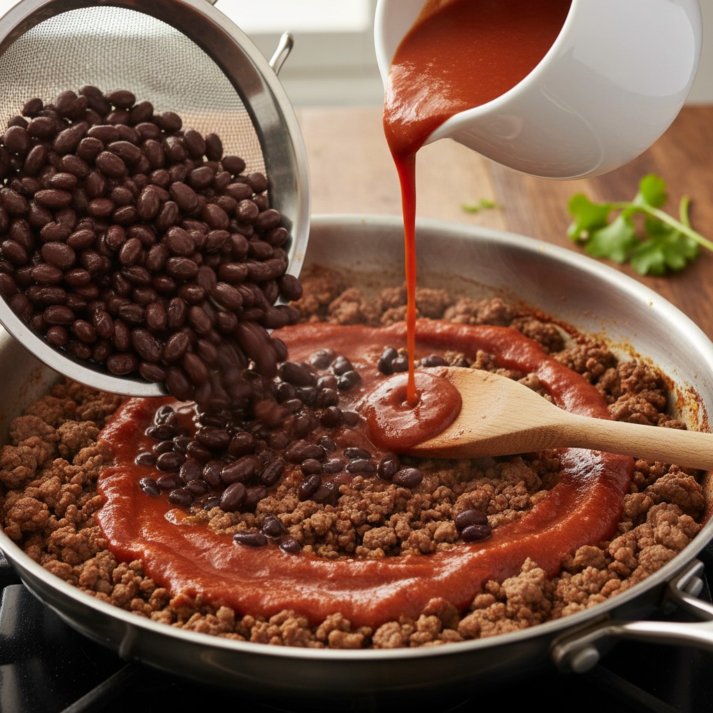 Add beans and sauce, simmer