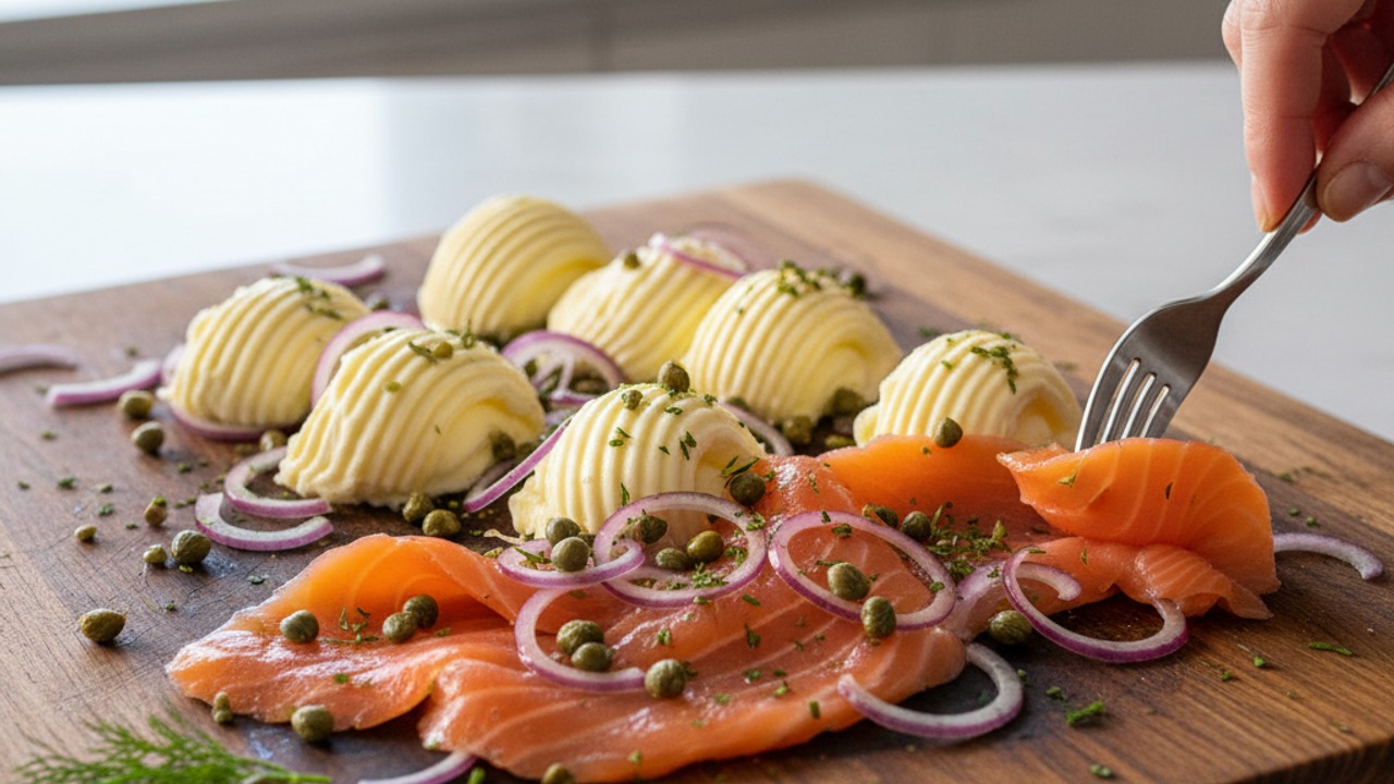 Arrange smoked salmon and briny accents