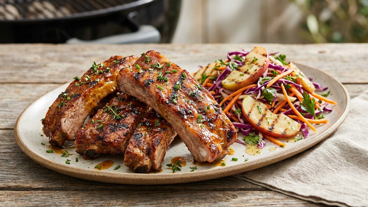 Maple-Mustard Glazed Spare Ribs with Charred Apple Slaw (Grilled)