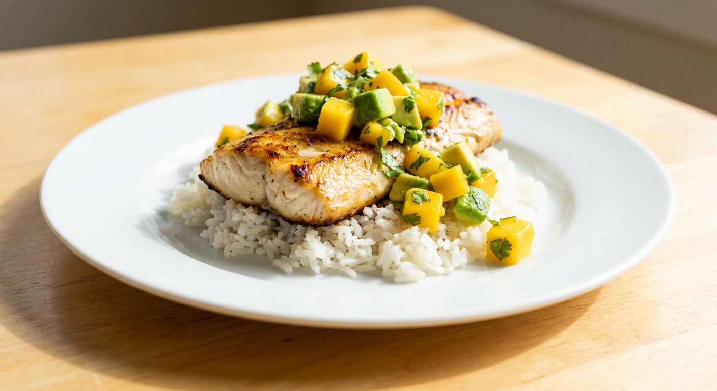 Grilled Citrus-Chile Mahi-Mahi with Mango-Avocado Salsa and Coconut-Lime Rice