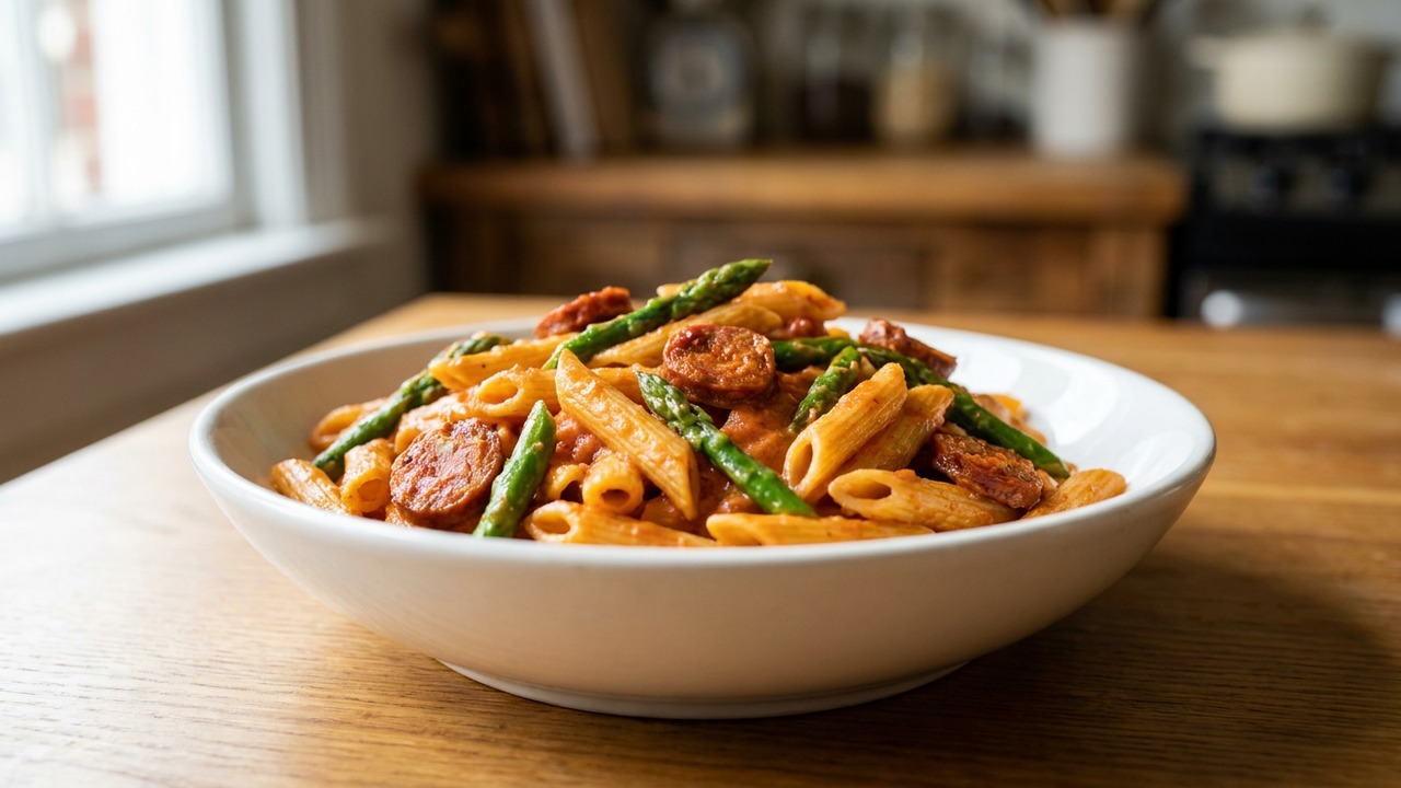 Spicy Asparagus and Chorizo Penne in Tomato Cream Sauce