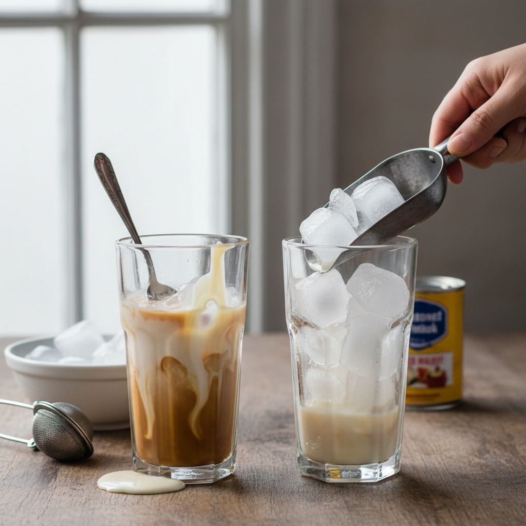 Prepare glasses with condensed milk and ice