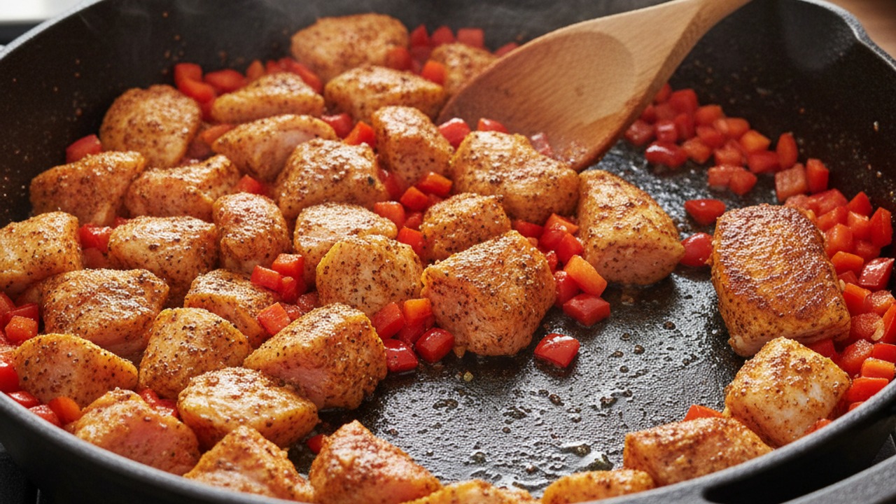 Season and brown the chicken with pepper