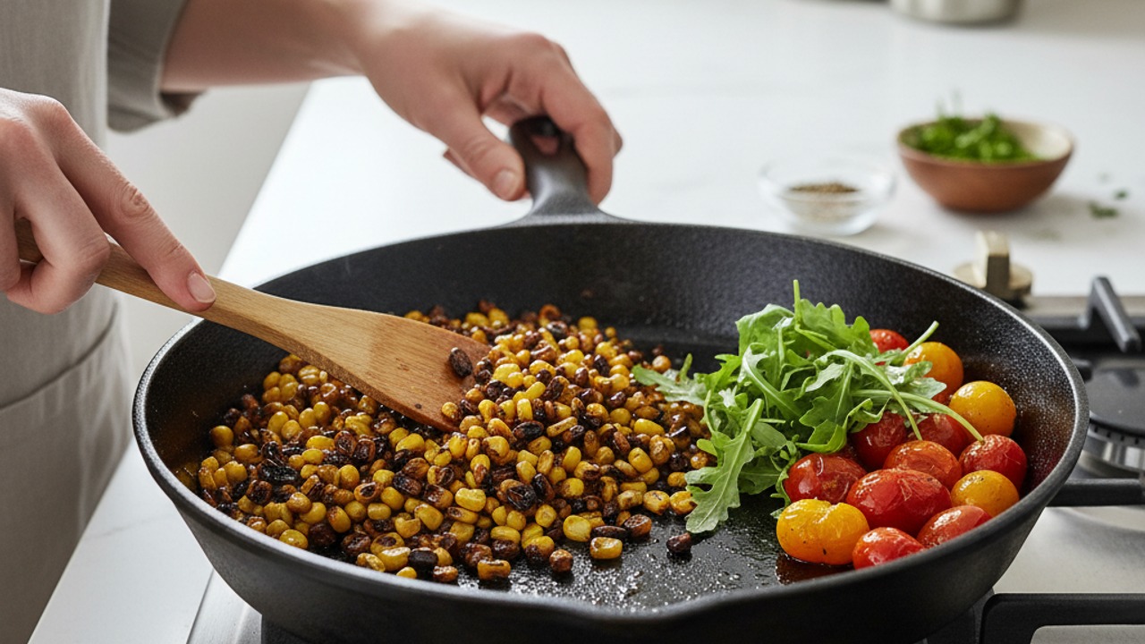 Char the corn and blister the tomatoes with arugula