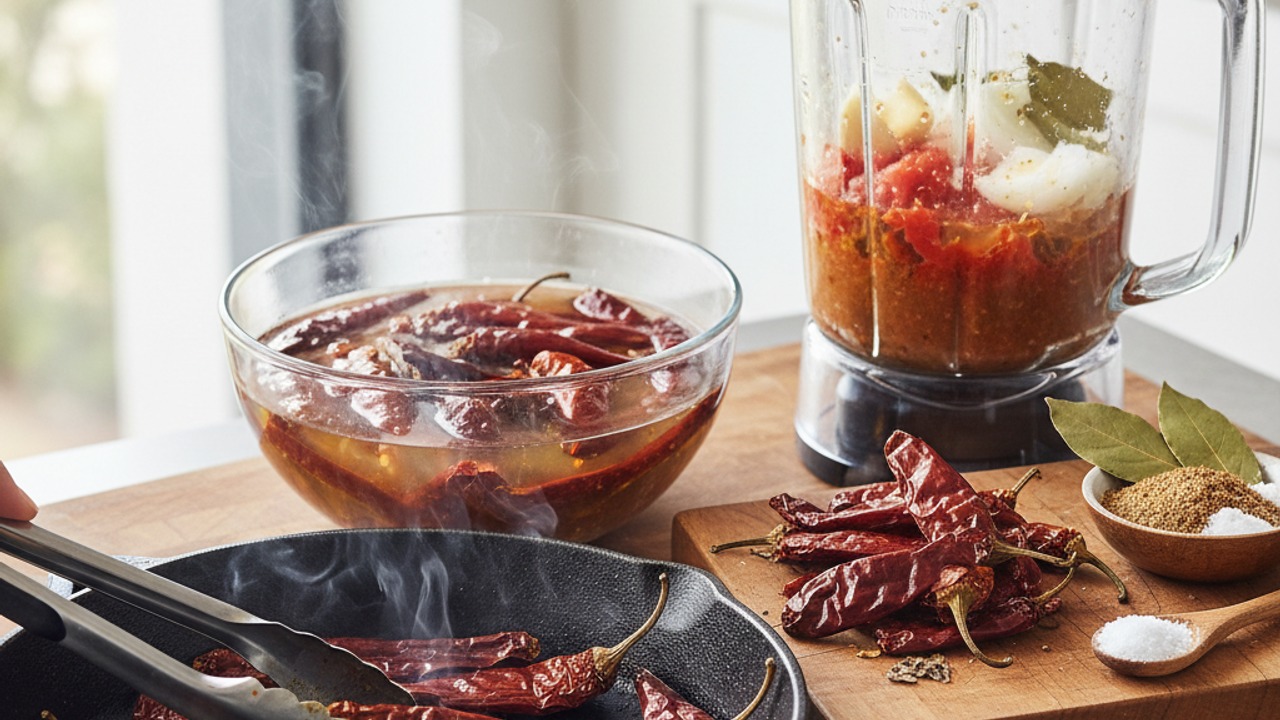 Toast and blend chiles and aromatics