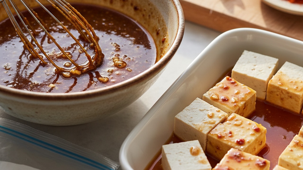 Whisk together the marinade and soak tofu