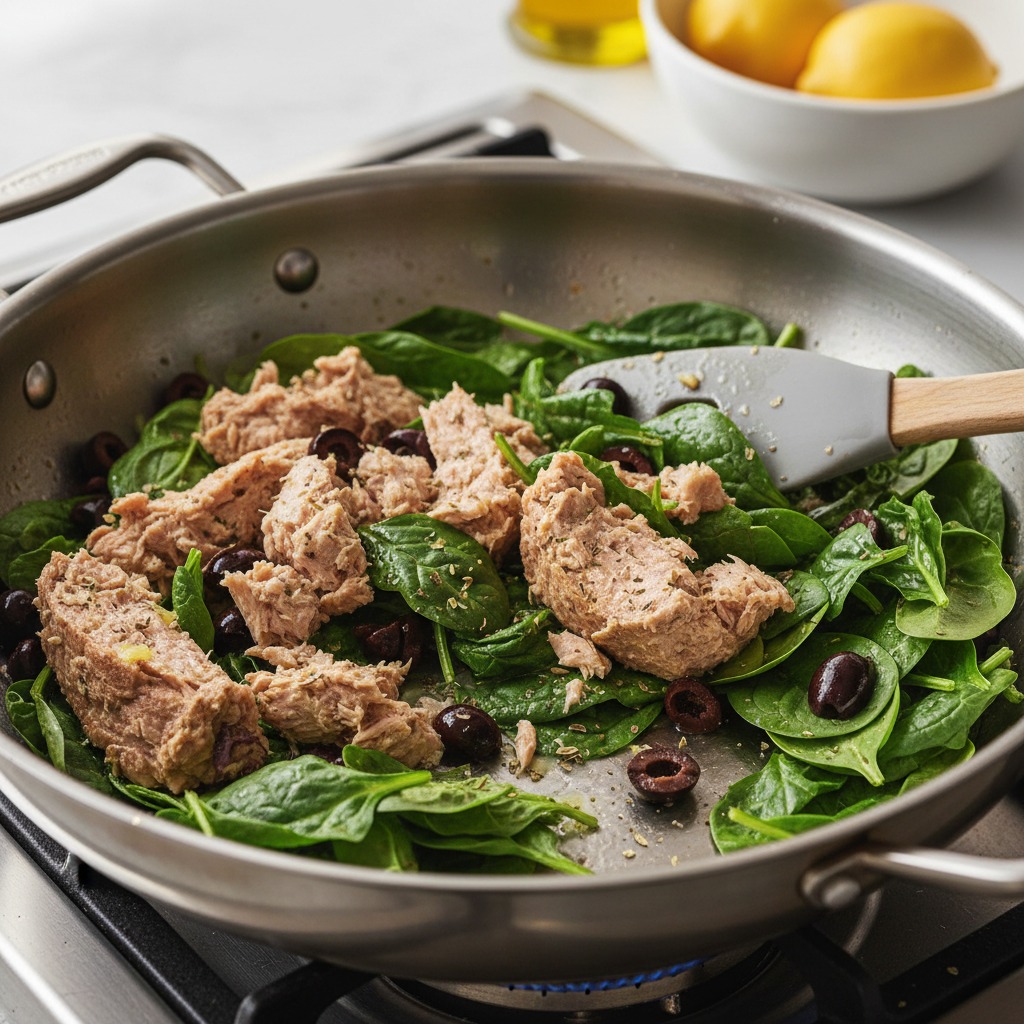 Add tuna, greens and seasonings