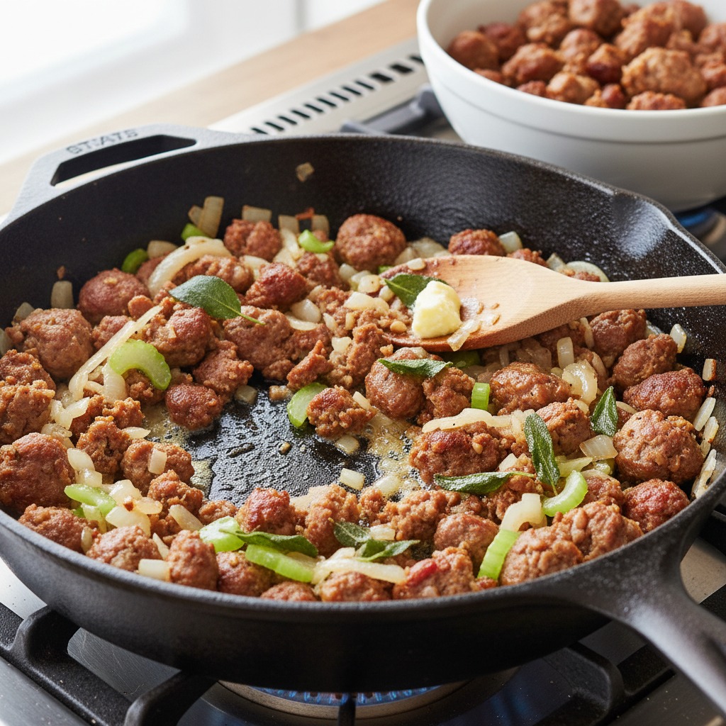 Brown the sausage and sauté aromatics