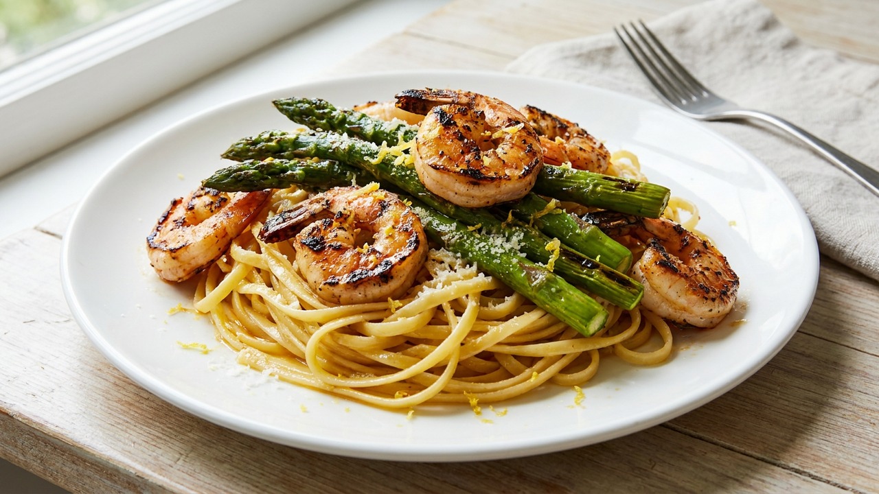 Grilled Asparagus and Shrimp Linguine with Chili Lemon Butter