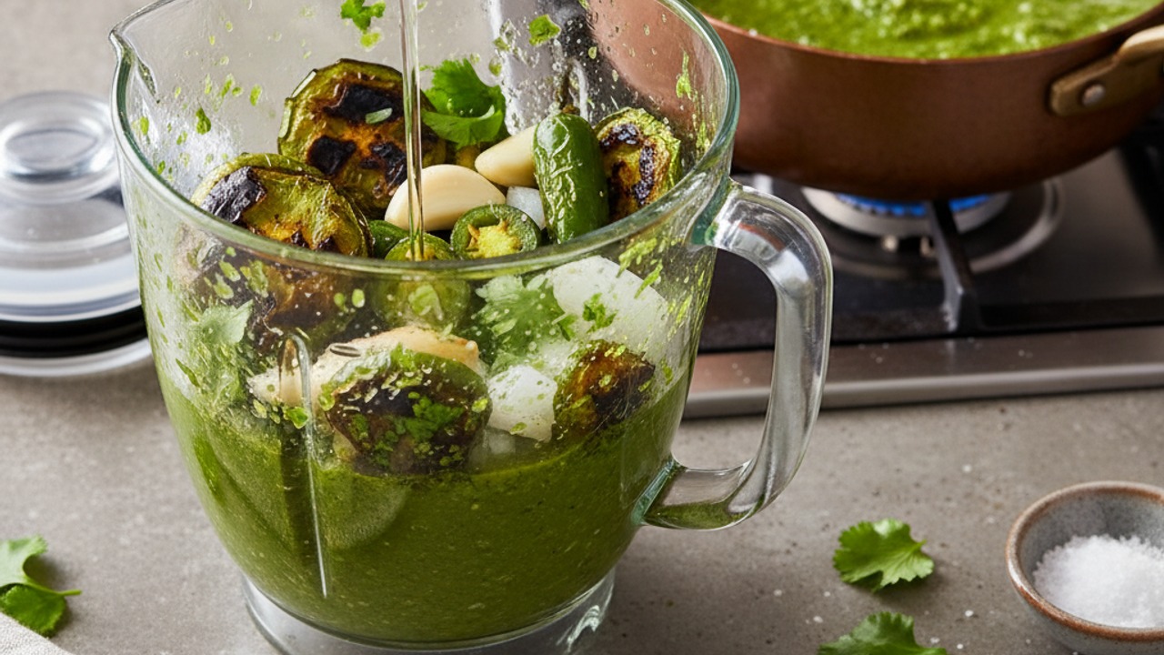 Blend the salsa verde and simmer