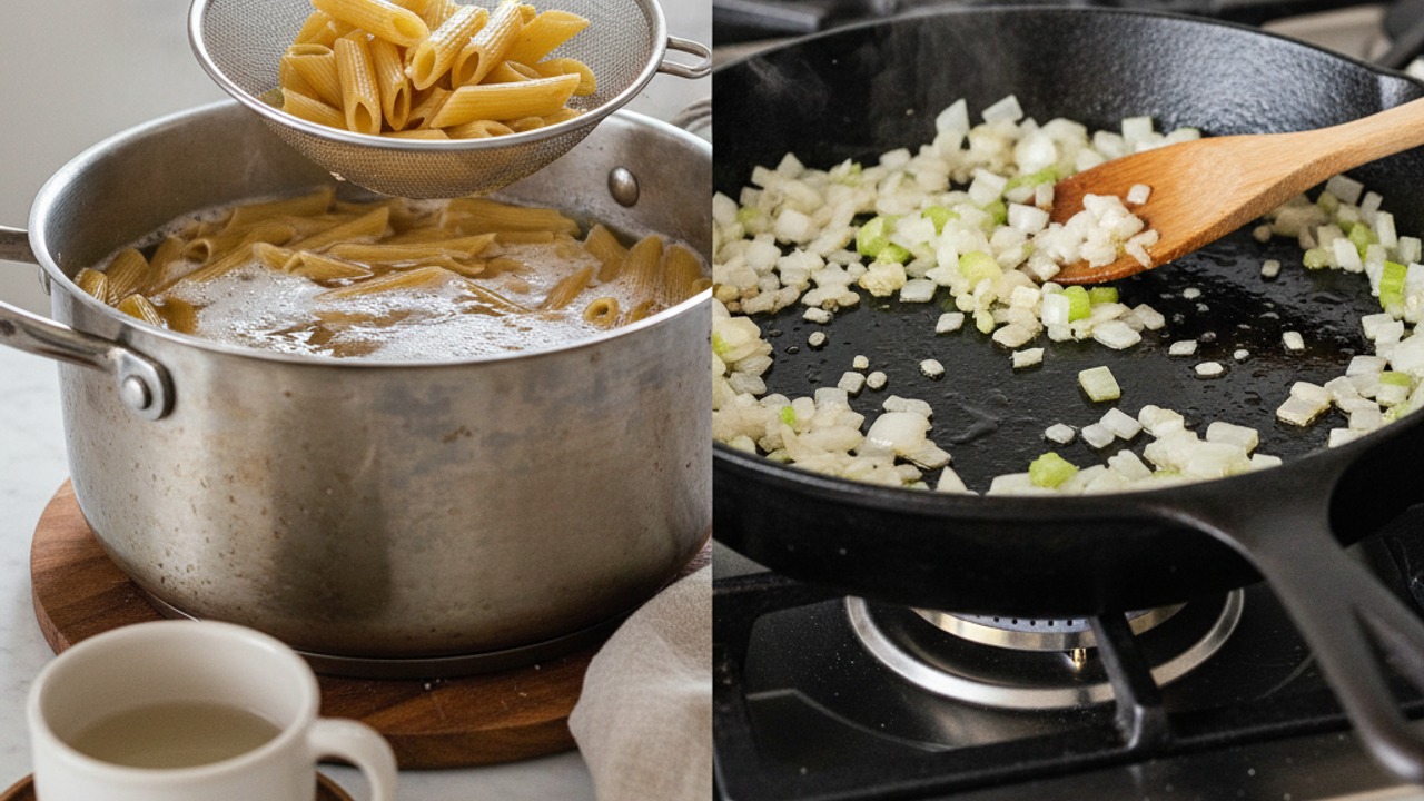 Cook the pasta and aromatics